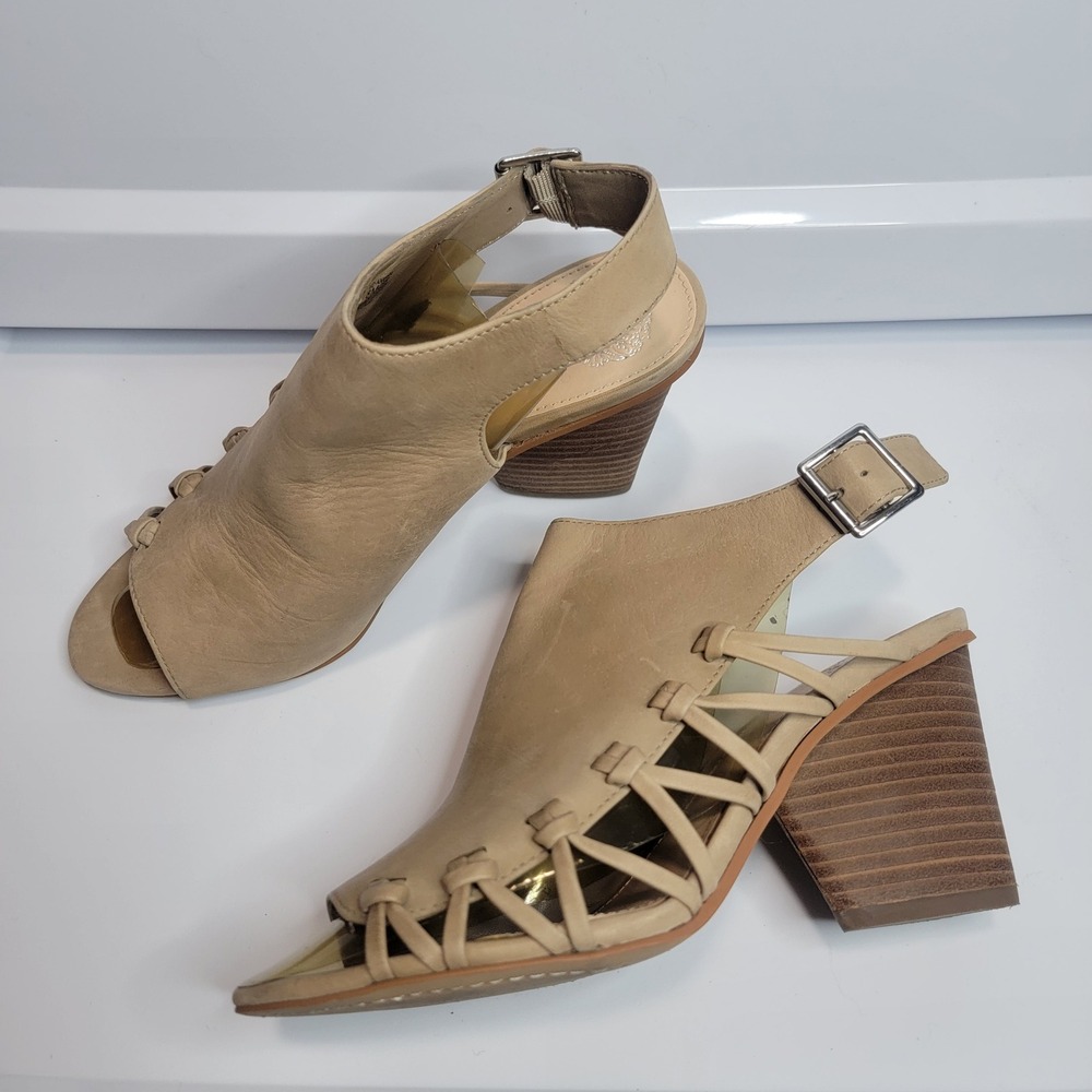 Vince Camuto VC Ankara Tan Leather Peep Toe Block Heel Slingback Sandal Heels 8M